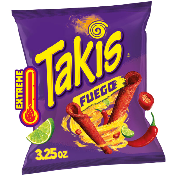 Takis Fuego 3.25 oz Snack Size Bag, Hot Chili Pepper & Lime Flavored Extreme Spicy Rolled Tortilla Chips
3.25 oz
• $0.77/oz